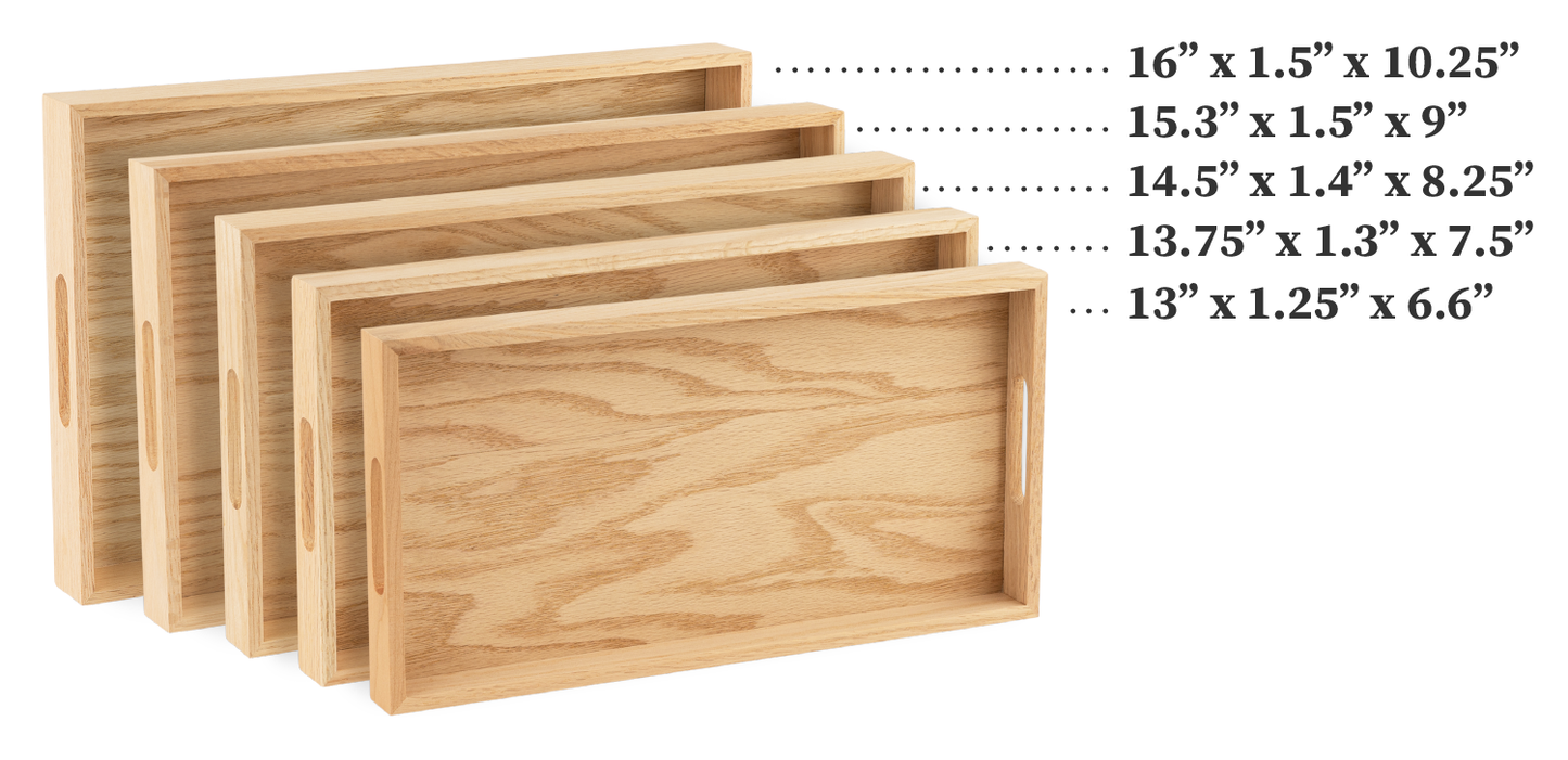 Oak Wood Nested Serving Trays Five Piece Set of Rectangular Quality Wooden Trays with Cut Out Handles