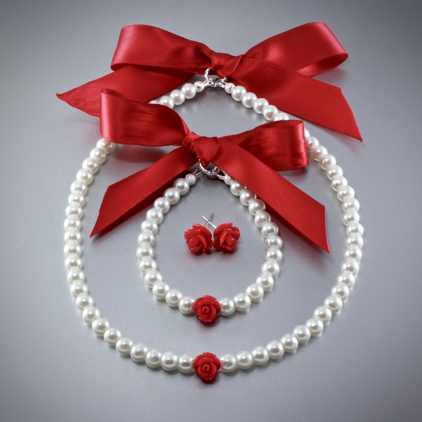 "Isabelle" - Pearl and Rose Flower Girl Necklace, Bracelet and Earrings Set