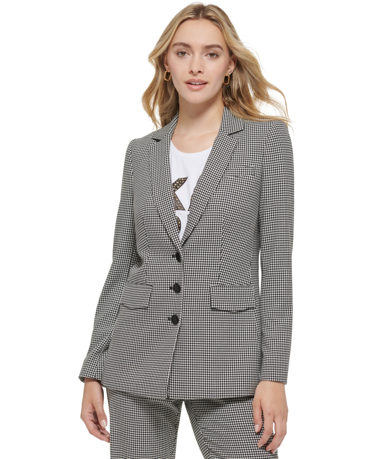 Karl Lagerfeld Paris Women's Houndstooth Button Front Blazer Black Size 14