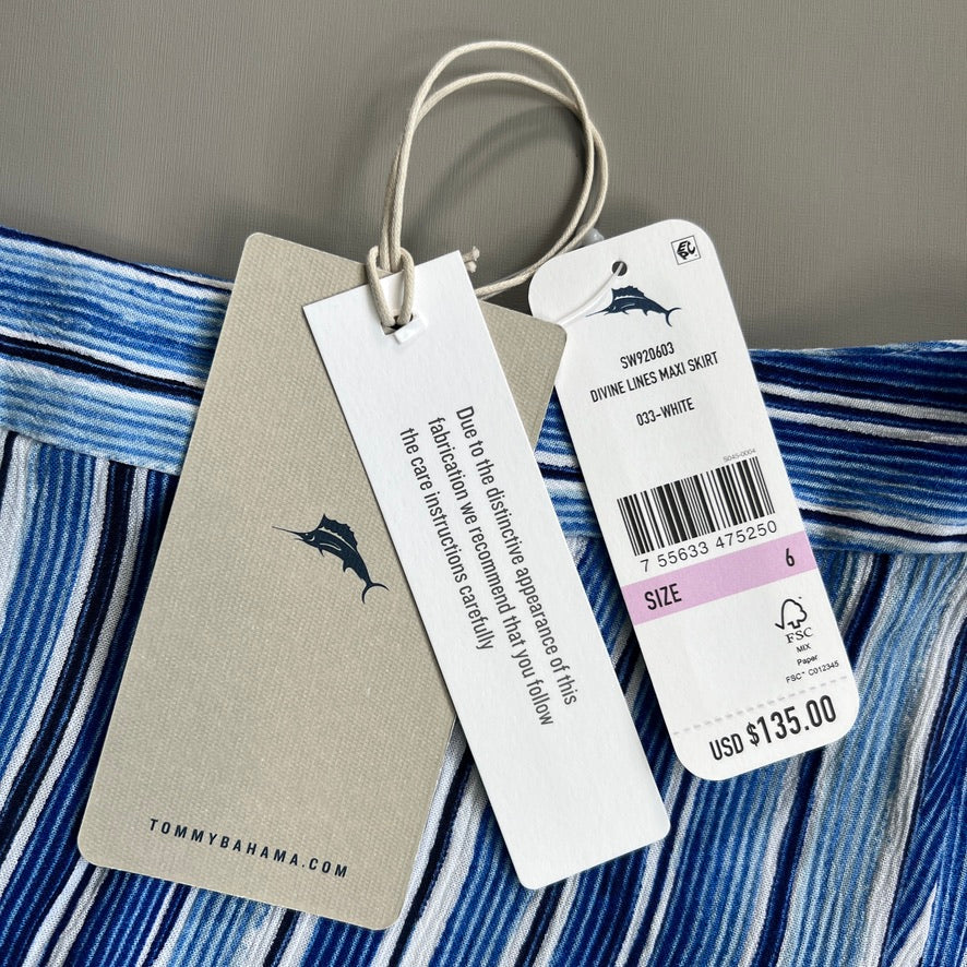 TOMMY BAHAMA Women's Divine Lines Maxi Skirt White Blue Boho Stripe Size 6 (New)