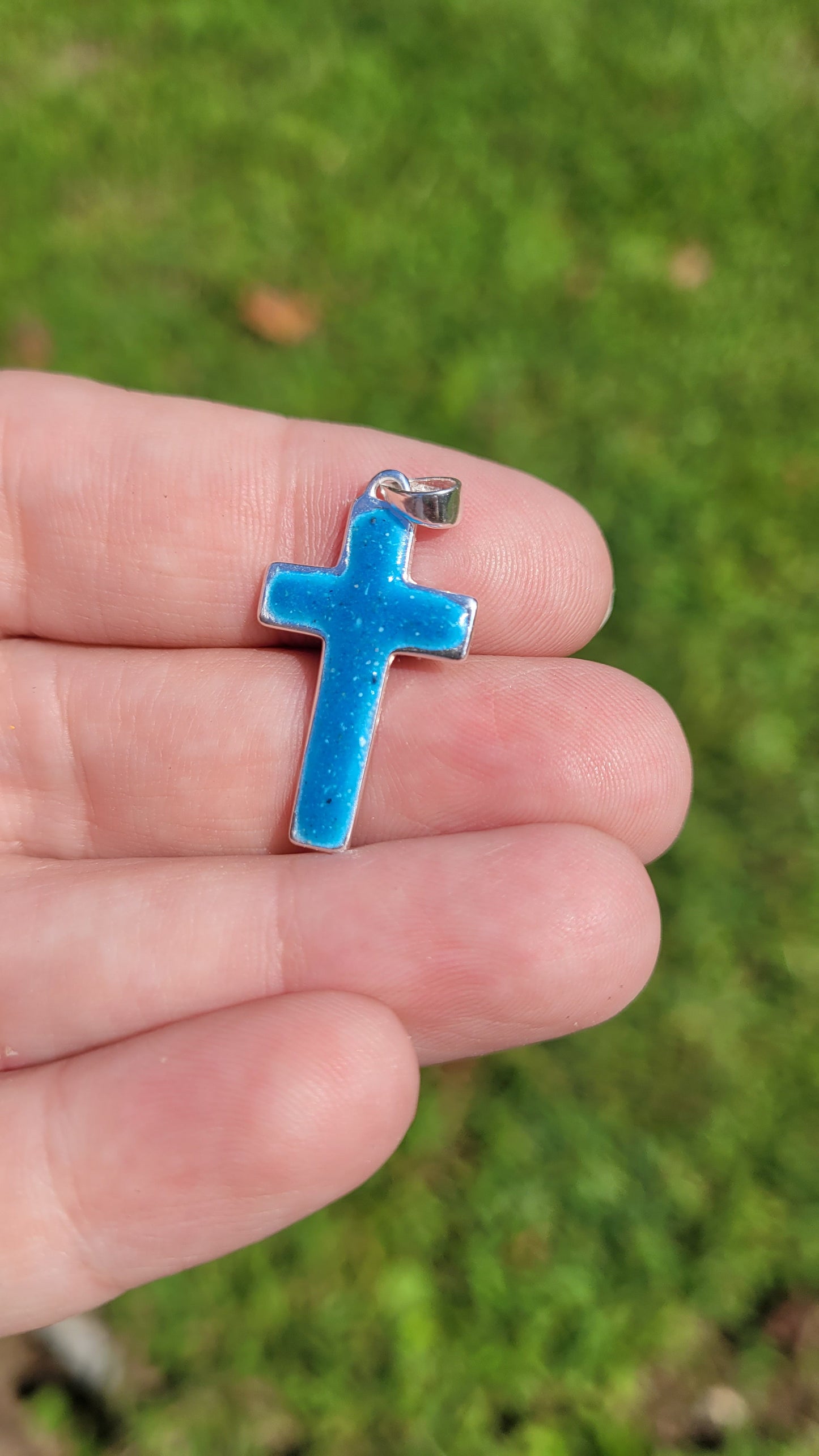 Sterling Sliver Memorial Cross with Blue Glow
