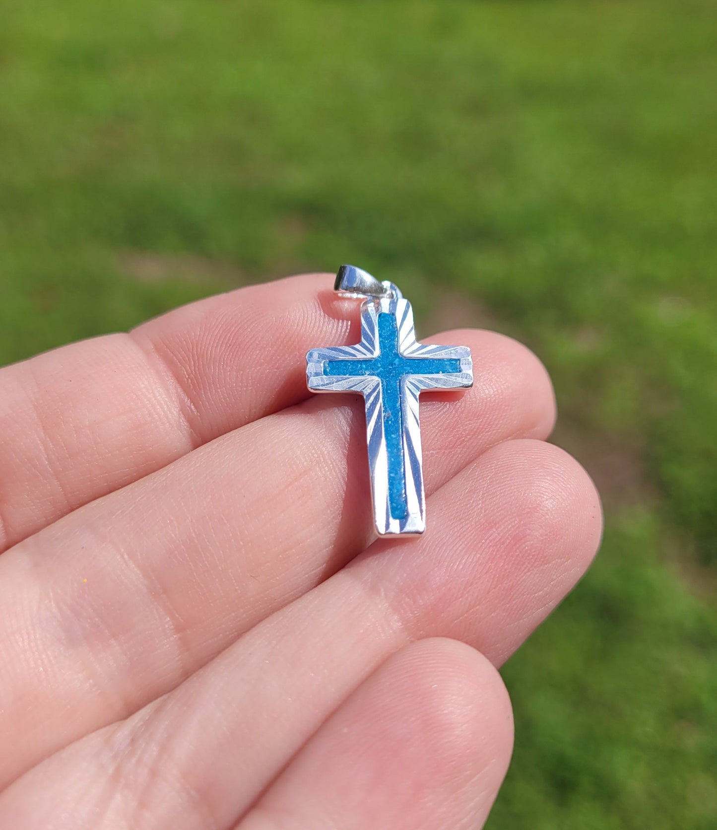 Sterling Sliver Memorial Cross with Blue Glow