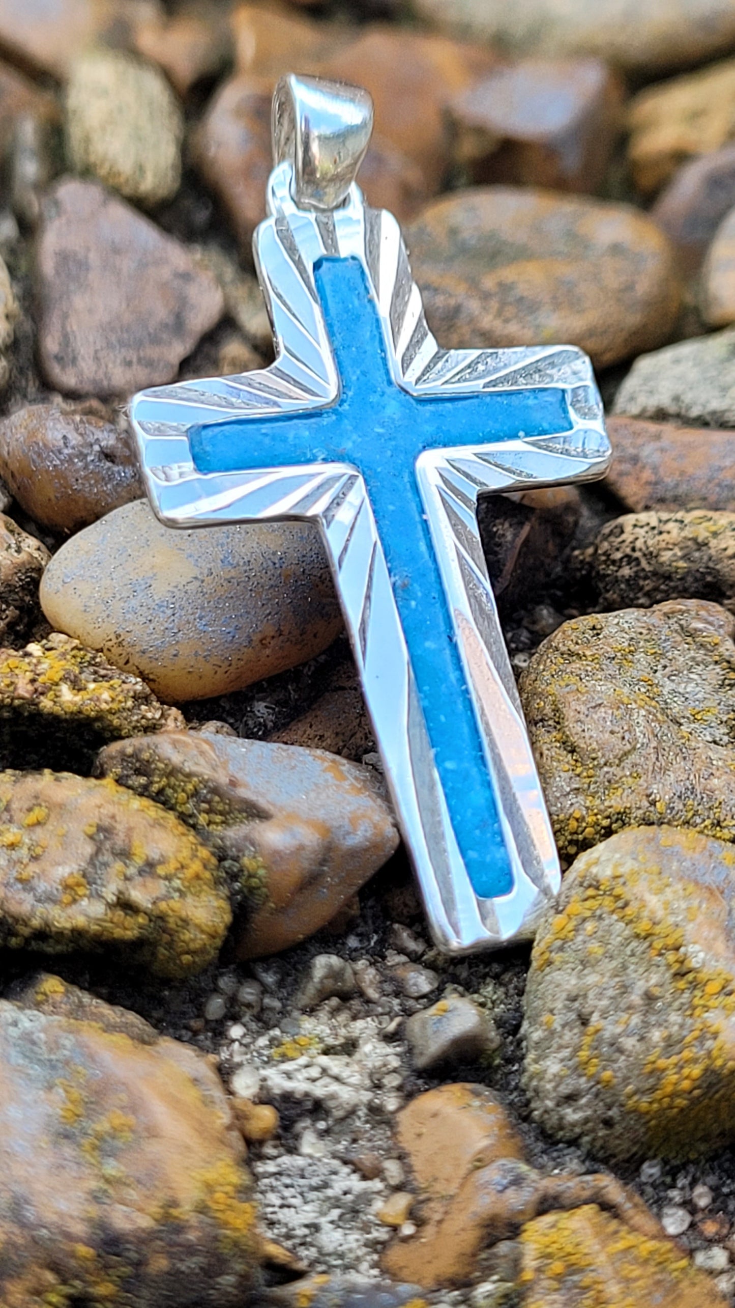 Sterling Sliver Memorial Cross with Blue Glow