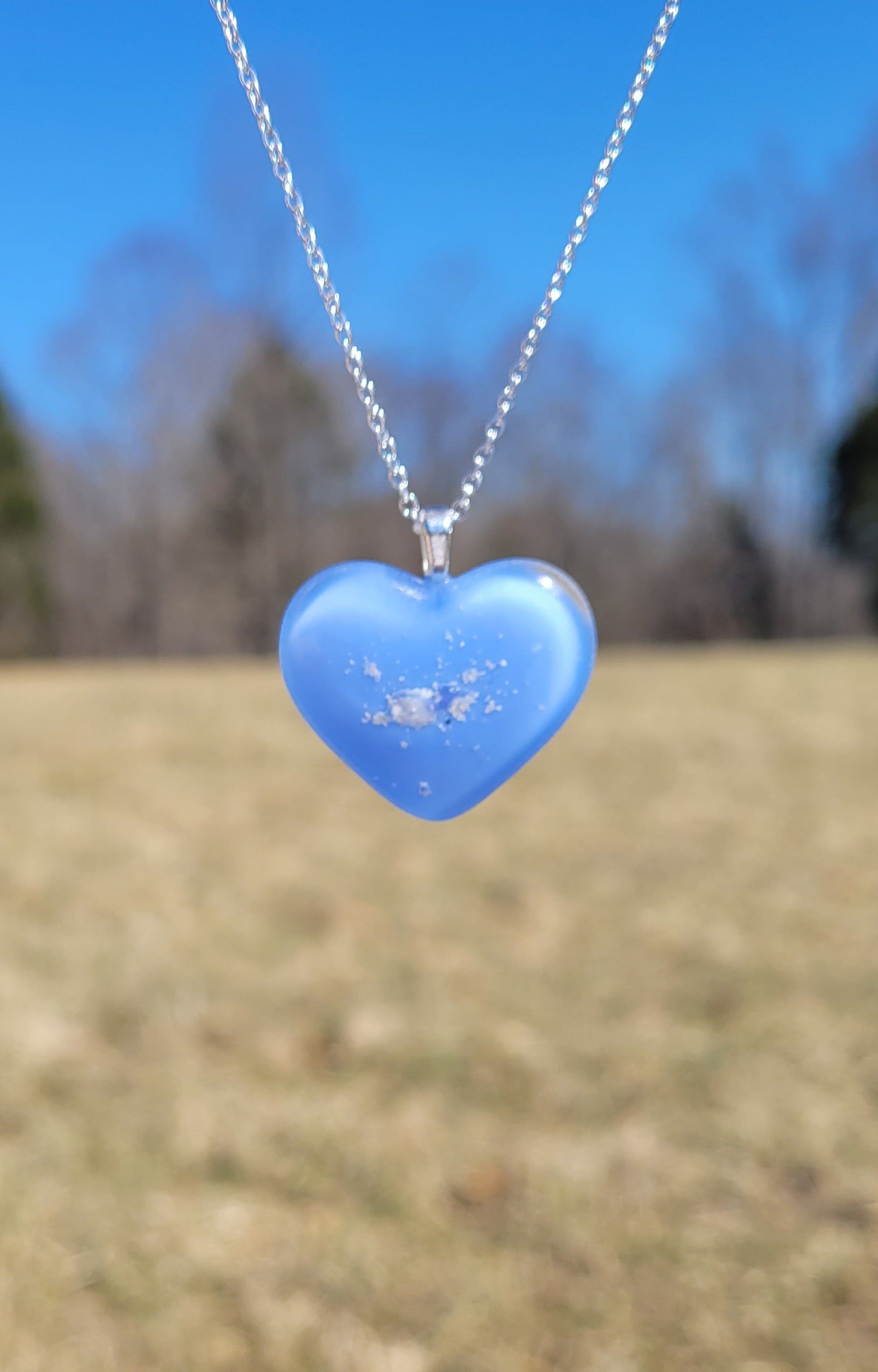Ash Infused Blue Glass Memorial Heart Necklace