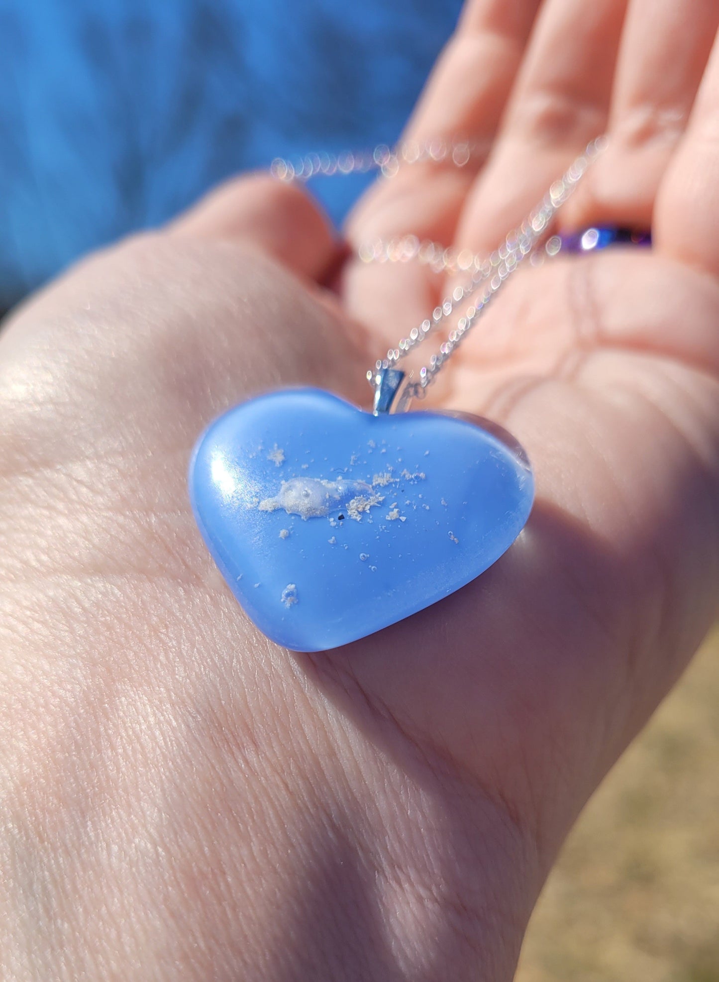 Ash Infused Blue Glass Memorial Heart Necklace