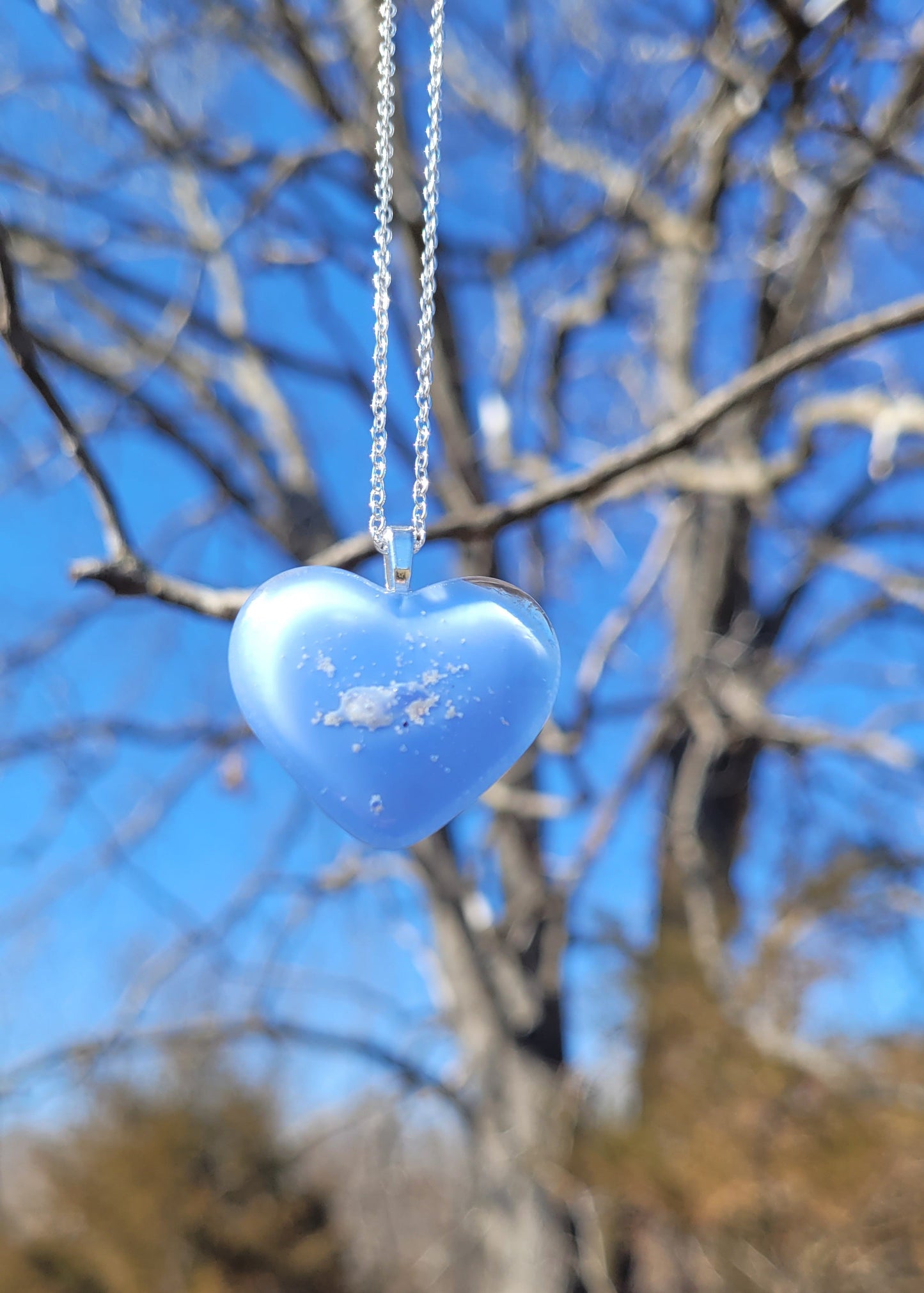 Ash Infused Blue Glass Memorial Heart Necklace