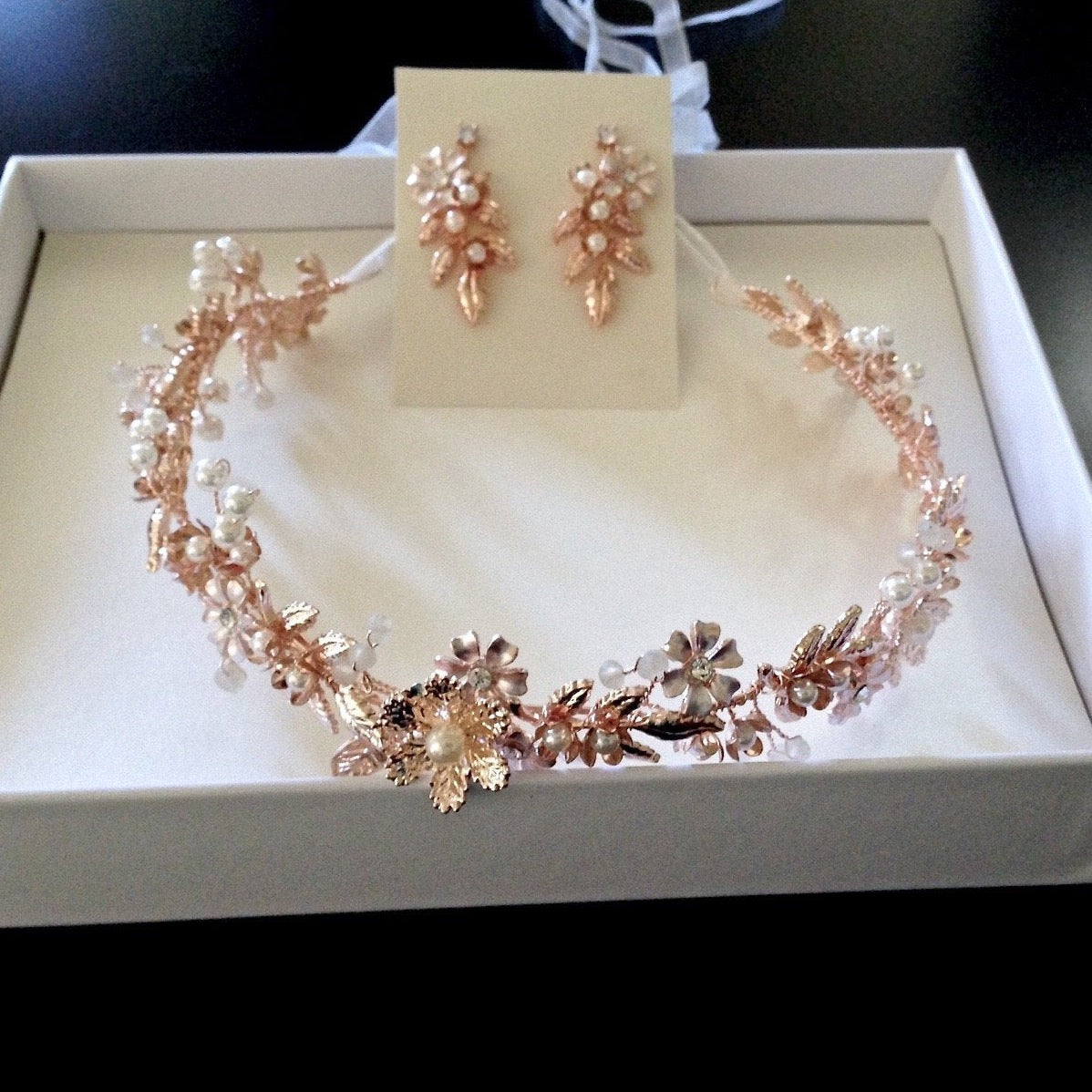 Mariah - Rose Gold Pearl and Crystal Bridal Headband With Matching Earrings