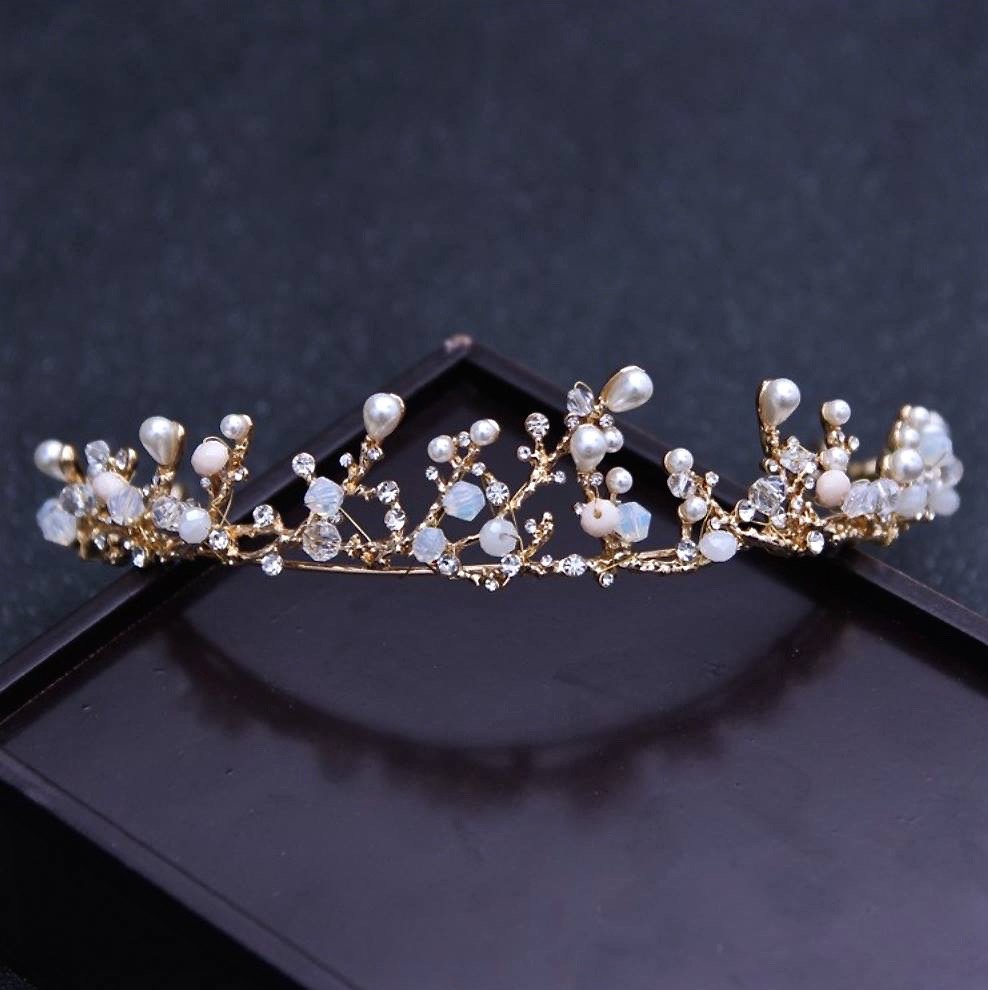 "The Fairy" - Pearl and Cubic Zirconia Bridal 3-Piece Jewelry Set With Tiara - Available in Yellow Gold and Silver