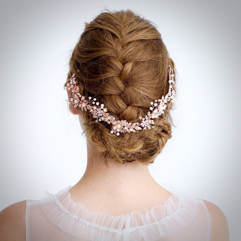 Mariah - Rose Gold Pearl and Crystal Bridal Headband With Matching Earrings
