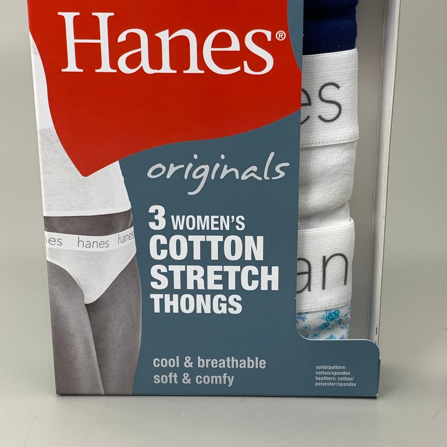 HANES 3 PACK!! Originals Women's Breathable Cotton Stretch Thongs Underwear Sz 6/M Navy/White/Floral 45U0BT