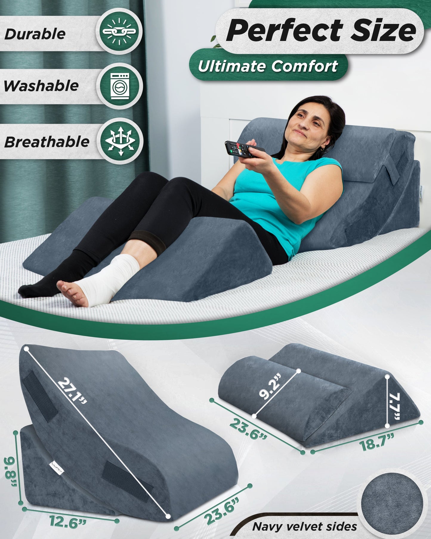 LX5 4pcs Orthopedic Bed Wedge Pillow System, with Hot Cold Pack 100% Navy