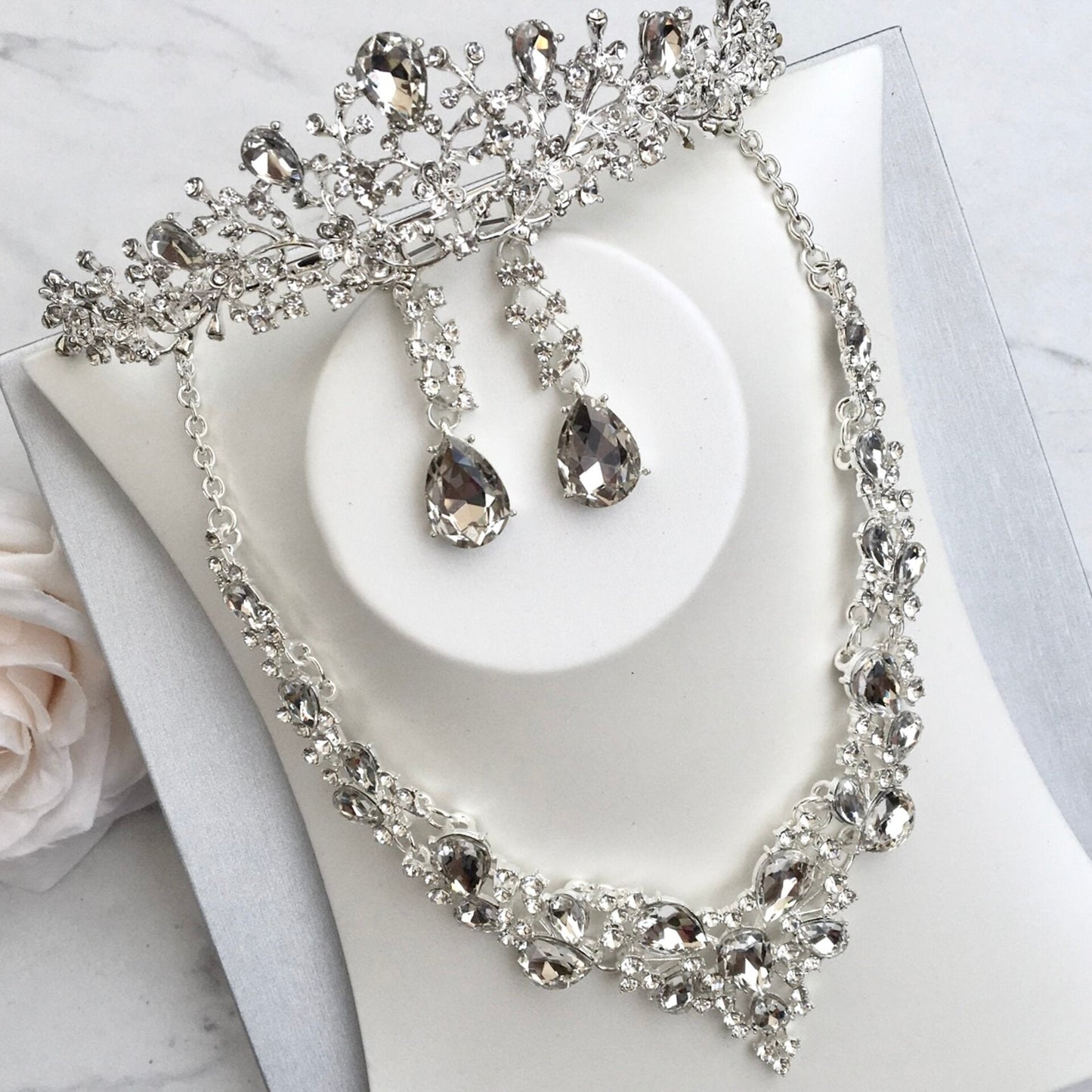 Pamela - Bridal 3-Piece Jewelry Set With Tiara - Available in Gold and Silver