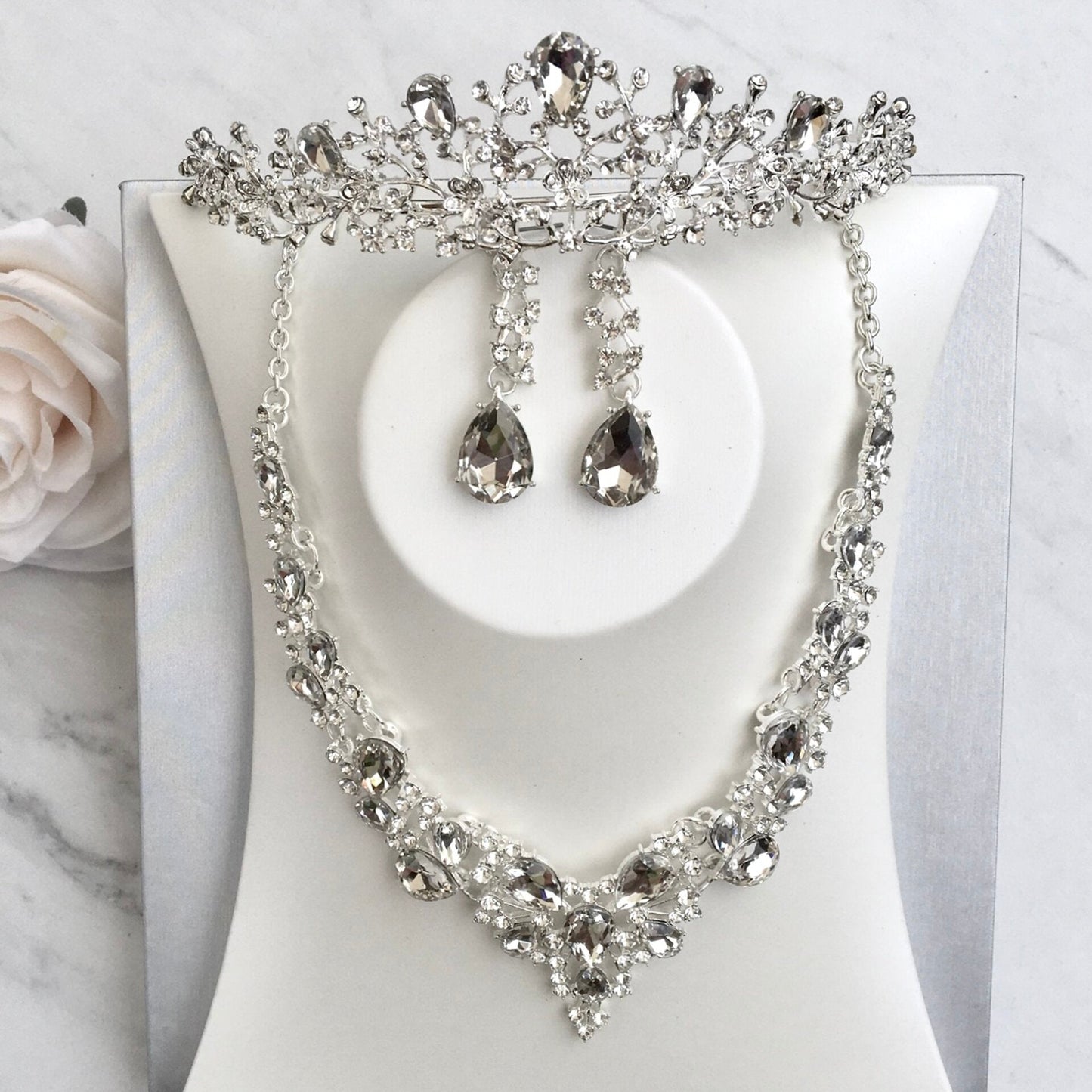 Pamela - Bridal 3-Piece Jewelry Set With Tiara - Available in Gold and Silver