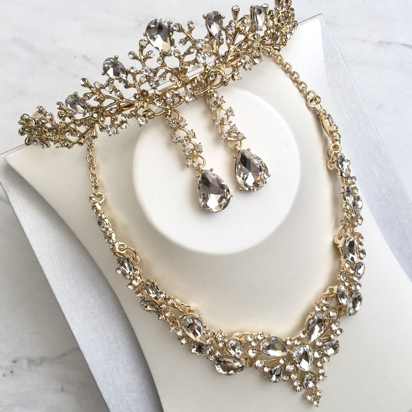 Pamela - Bridal 3-Piece Jewelry Set With Tiara - Available in Gold and Silver