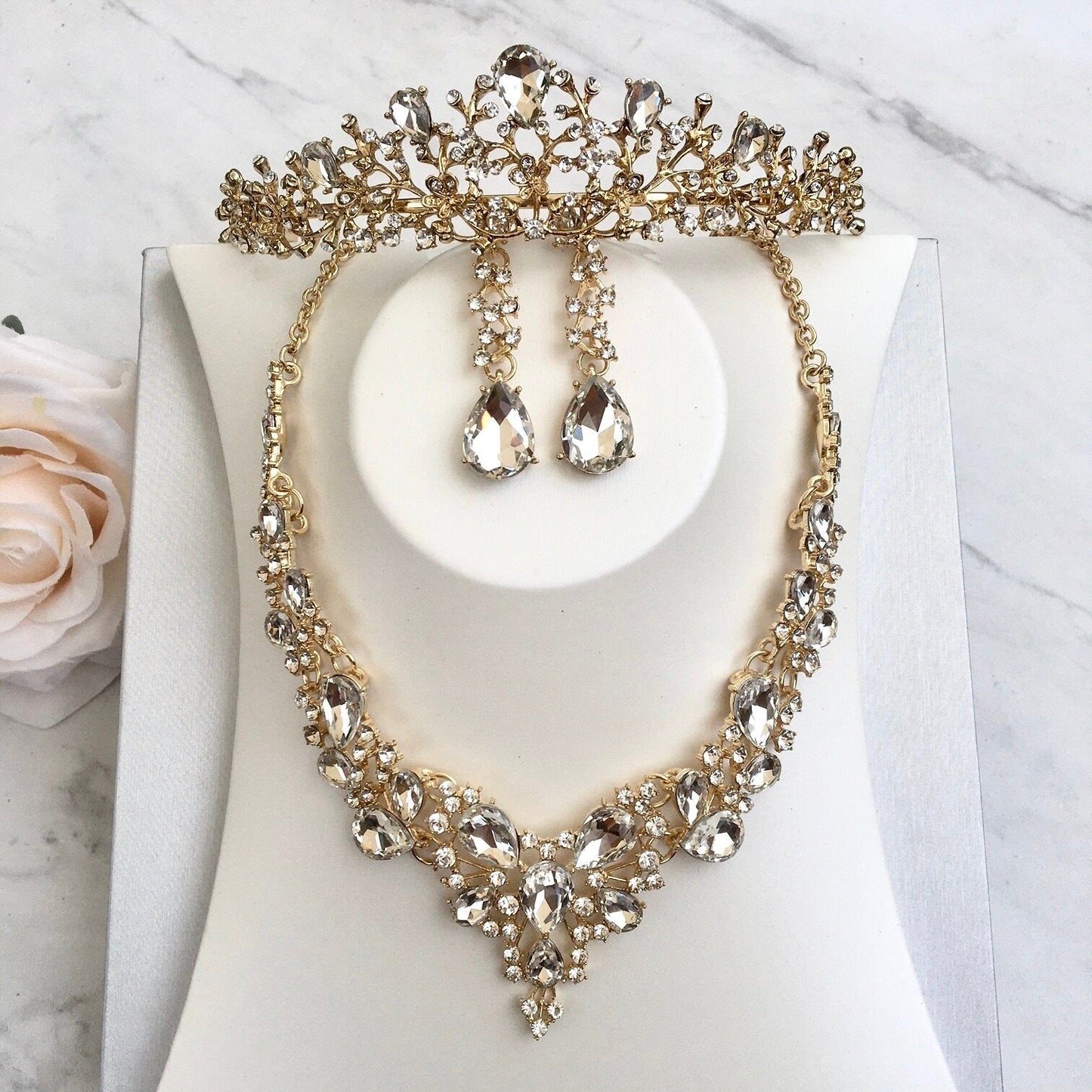 Pamela - Bridal 3-Piece Jewelry Set With Tiara - Available in Gold and Silver