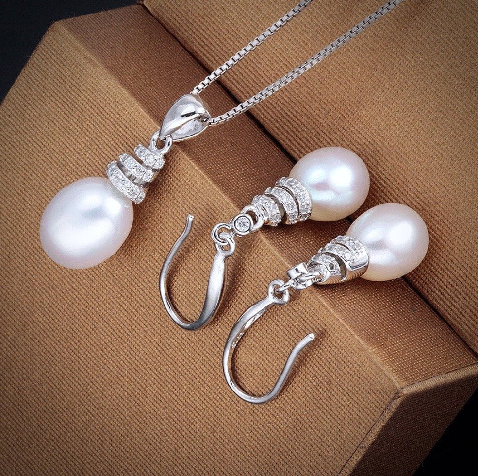 "Milena" - Freshwater Pearl and Sterling Silver Bridal Necklace and Earrings Set