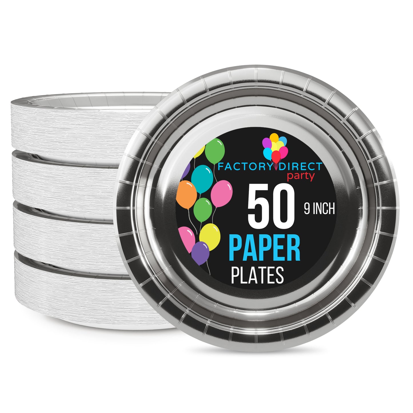 9 In. Reflective Silver Paper Plates - 50 Ct.