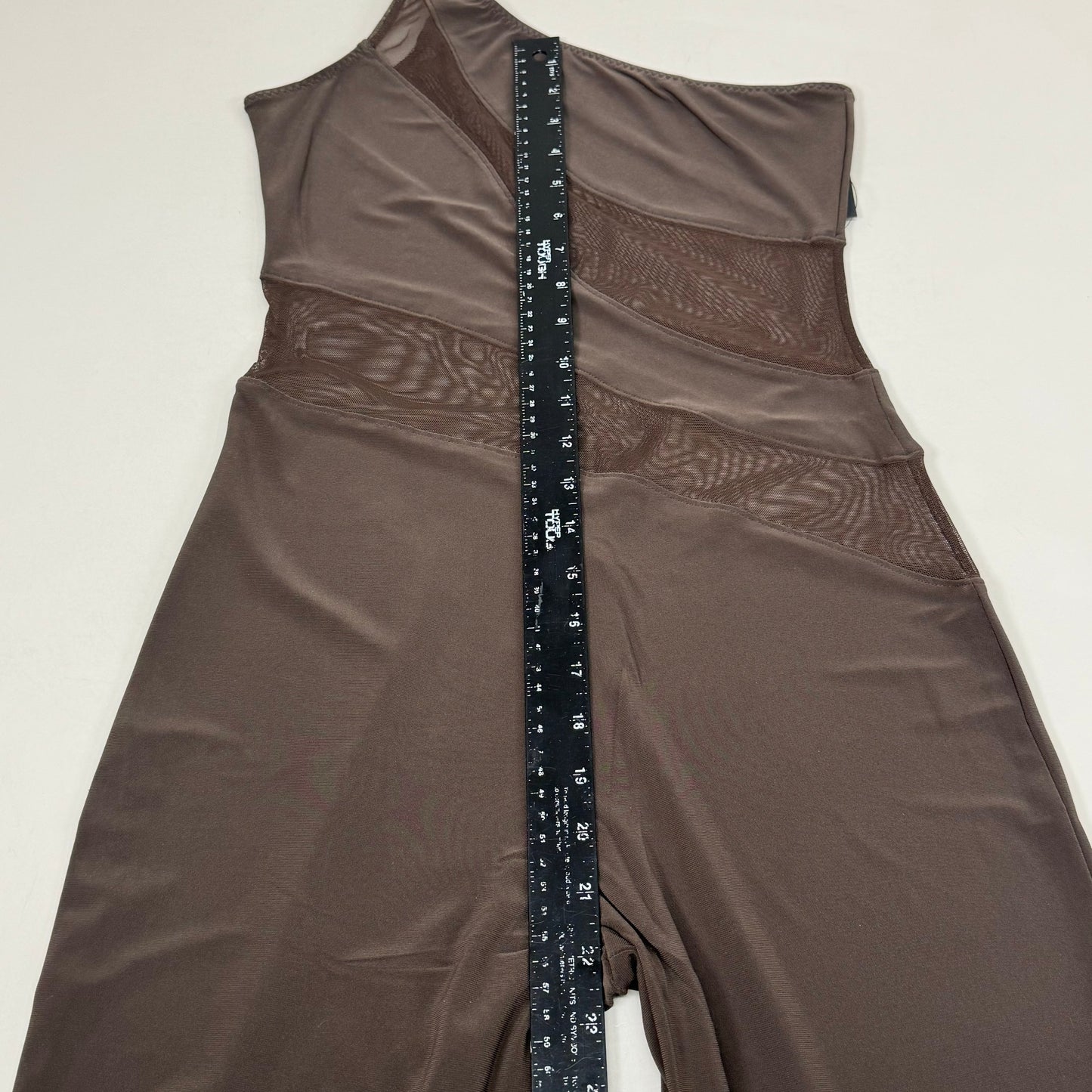 NORMA KAMALI One Shoulder Snake Mesh Catsuit Footsie Women's Sz M/38 Chocolate