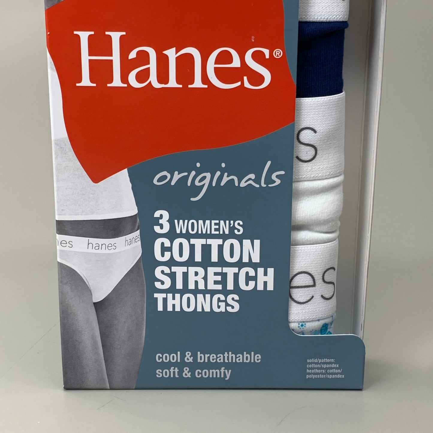 HANES 3 PACK!! Originals Women's Breathable Cotton Stretch Thongs Underwear Sz 8/XL Navy/White/Floral 45U0BT
