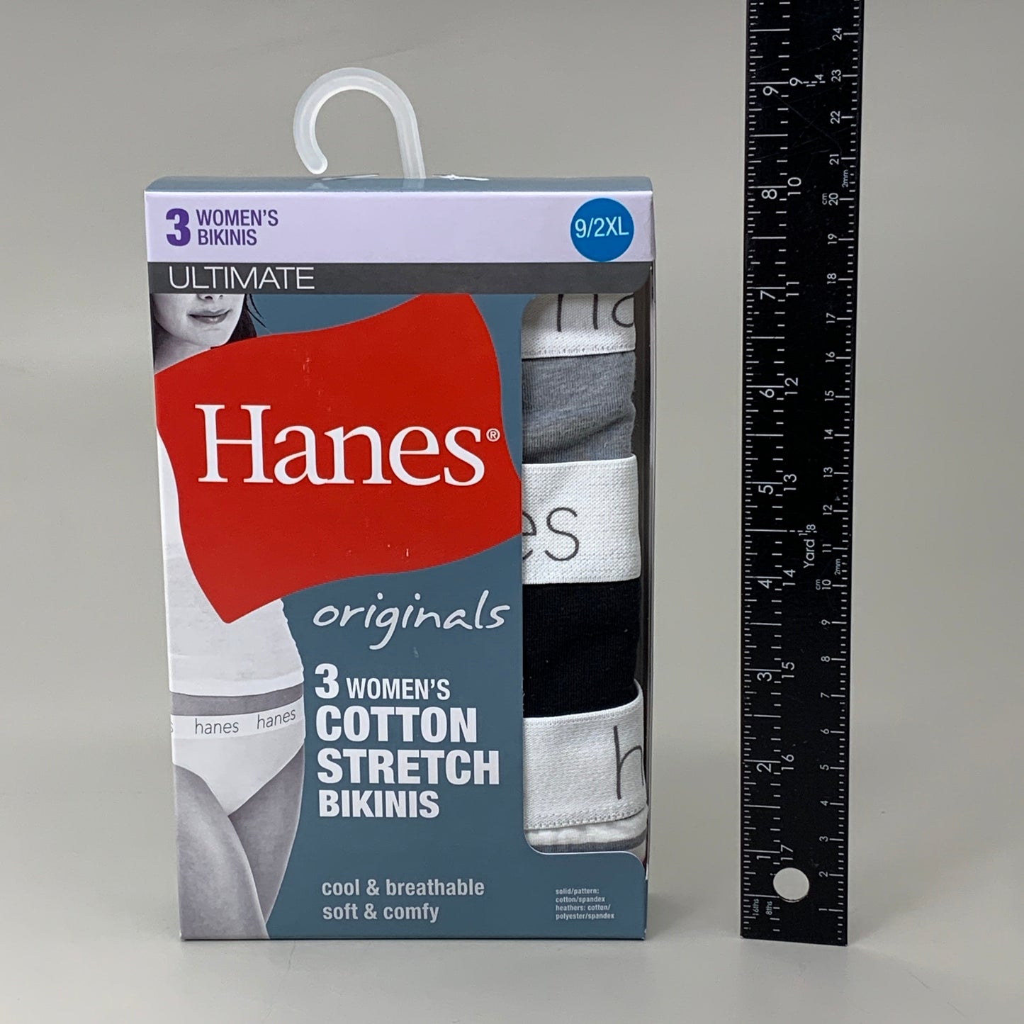 HANES 3 PACK!! Originals Women's Breathable Cotton Bikini Underwear Sz 9/2XL Black/Heather/Stripe 45OUBK