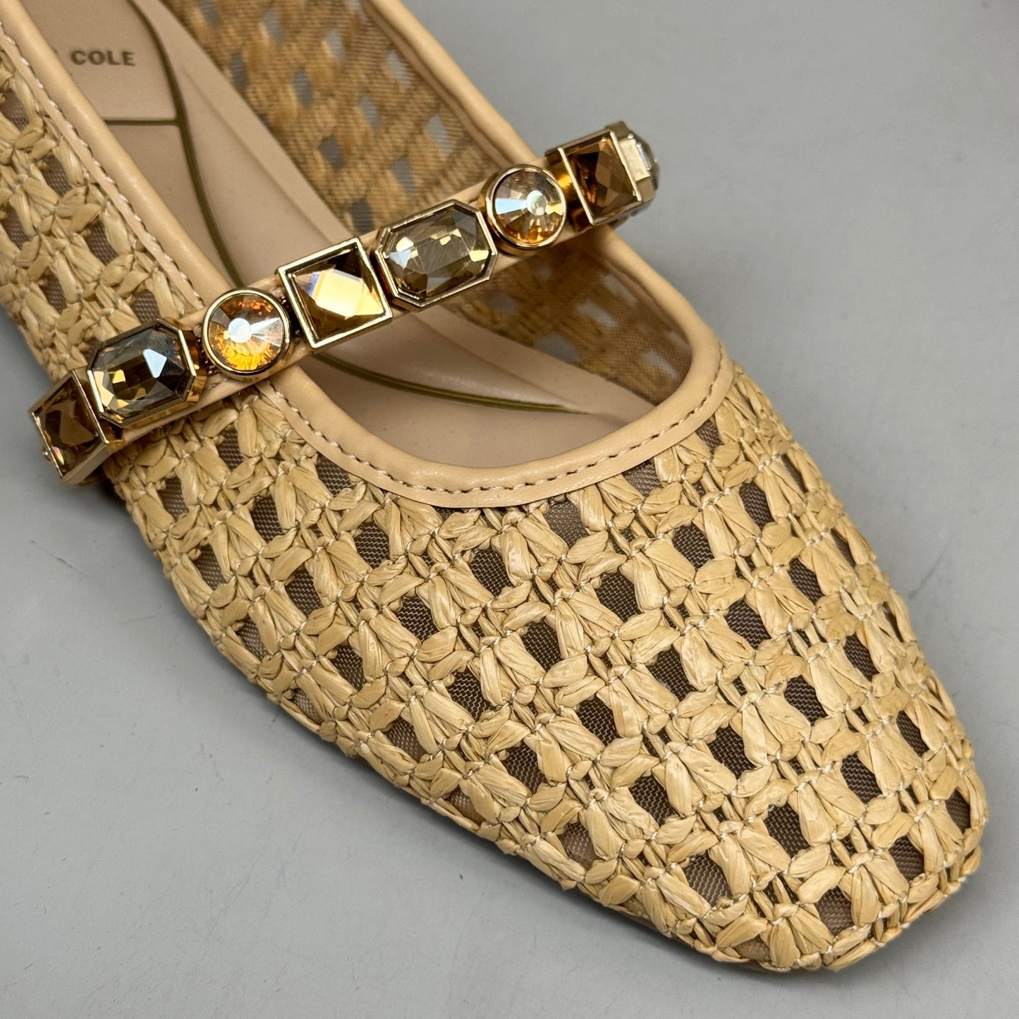 KENNETH COLE New York Zeta Raffia Jewel Jane Flat Women's Sz 5 Tan KL25ZMJ01