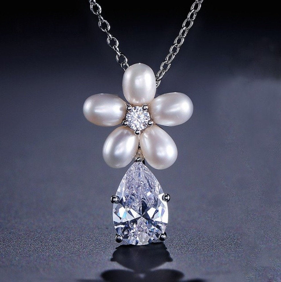 "Beverly" - Pearl and Cubic Zirconia Bridal Necklace and Earrings Set
