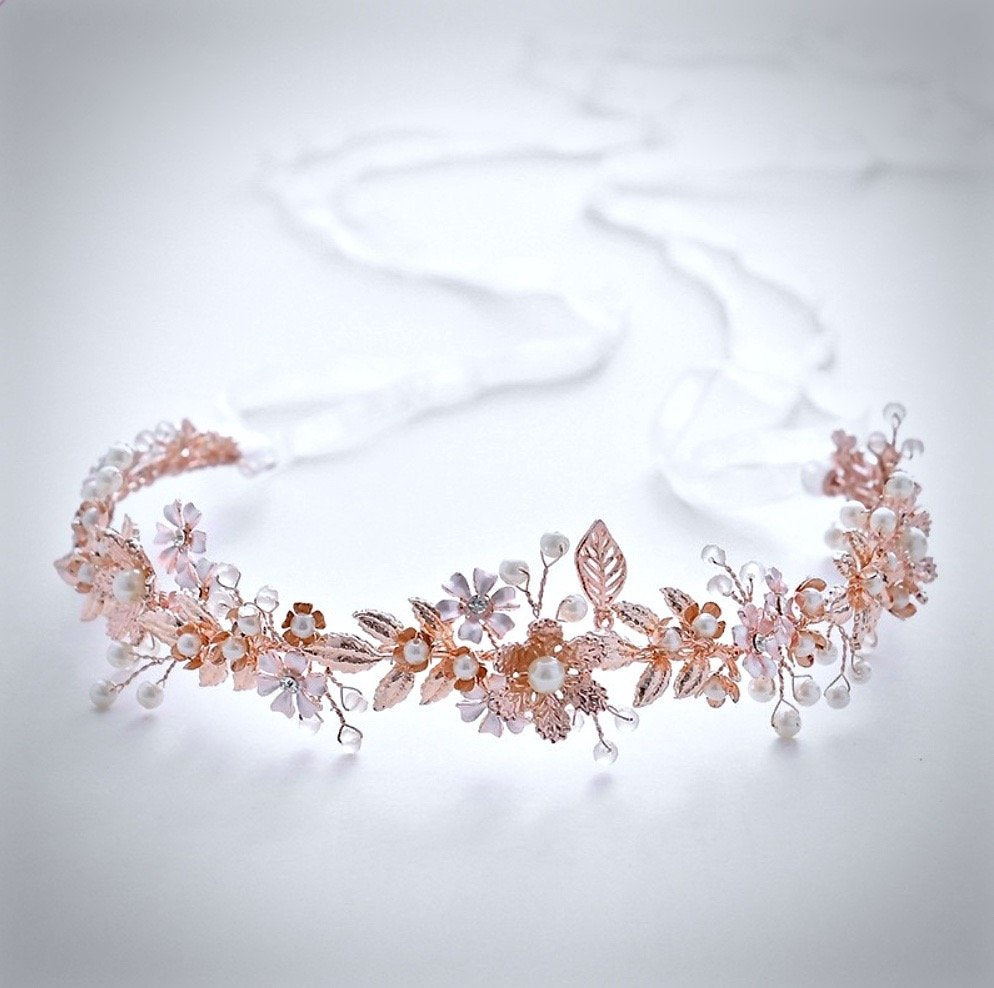 Mariah - Rose Gold Pearl and Crystal Bridal Headband With Matching Earrings