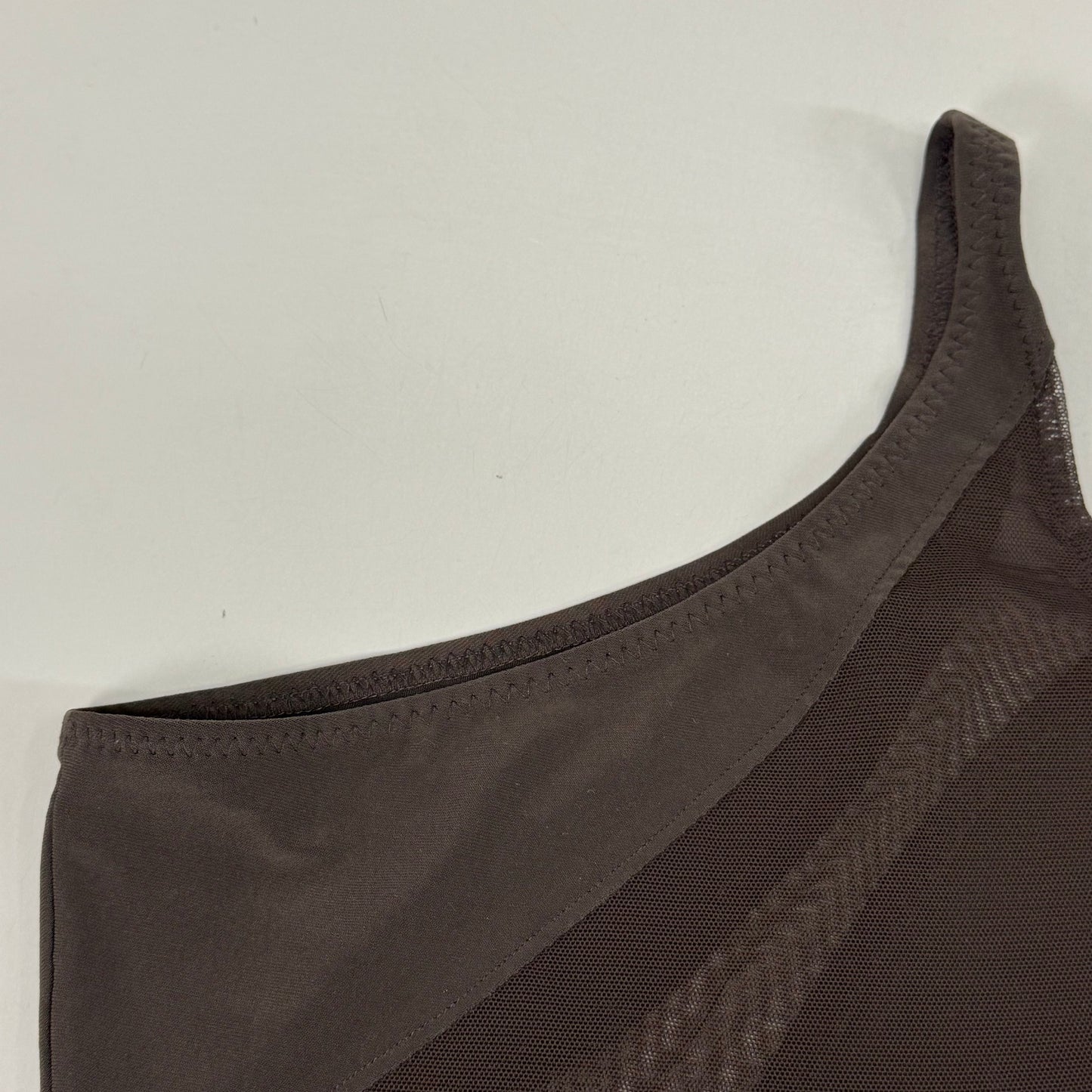 NORMA KAMALI One Shoulder Snake Mesh Catsuit Footsie Women's Sz XS/34 Chocolate