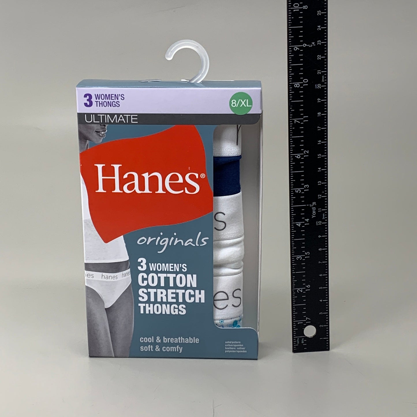 HANES 3 PACK!! Originals Women's Breathable Cotton Stretch Thongs Underwear Sz 8/XL Navy/White/Floral 45U0BT