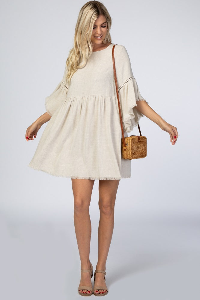 Beige Raw Edge Bell Sleeve Babydoll Maternity Dress