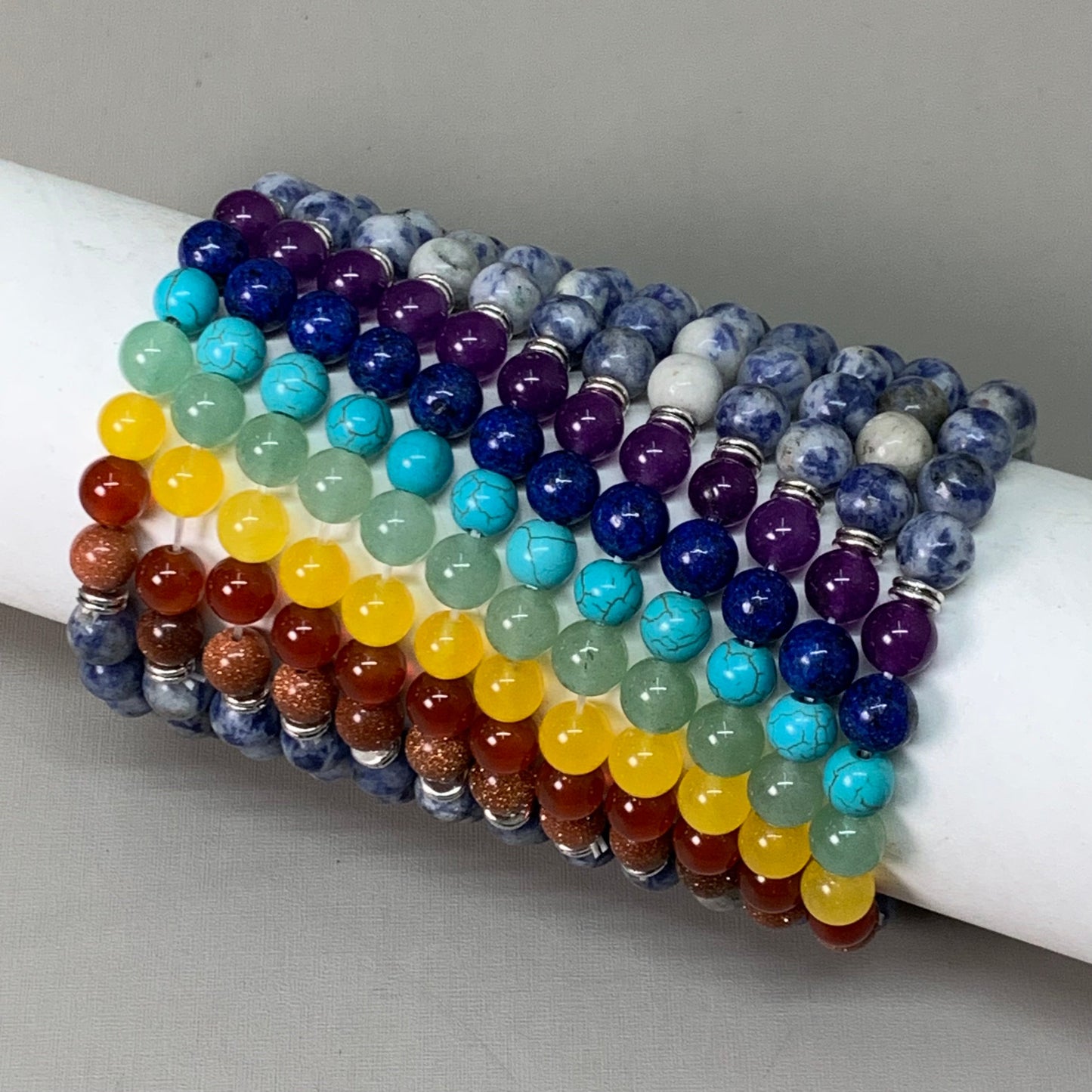BEST WHOLESALE 12-PACK! Blue Marbled Rainbow Beaded Crystal Bracelets 3" New