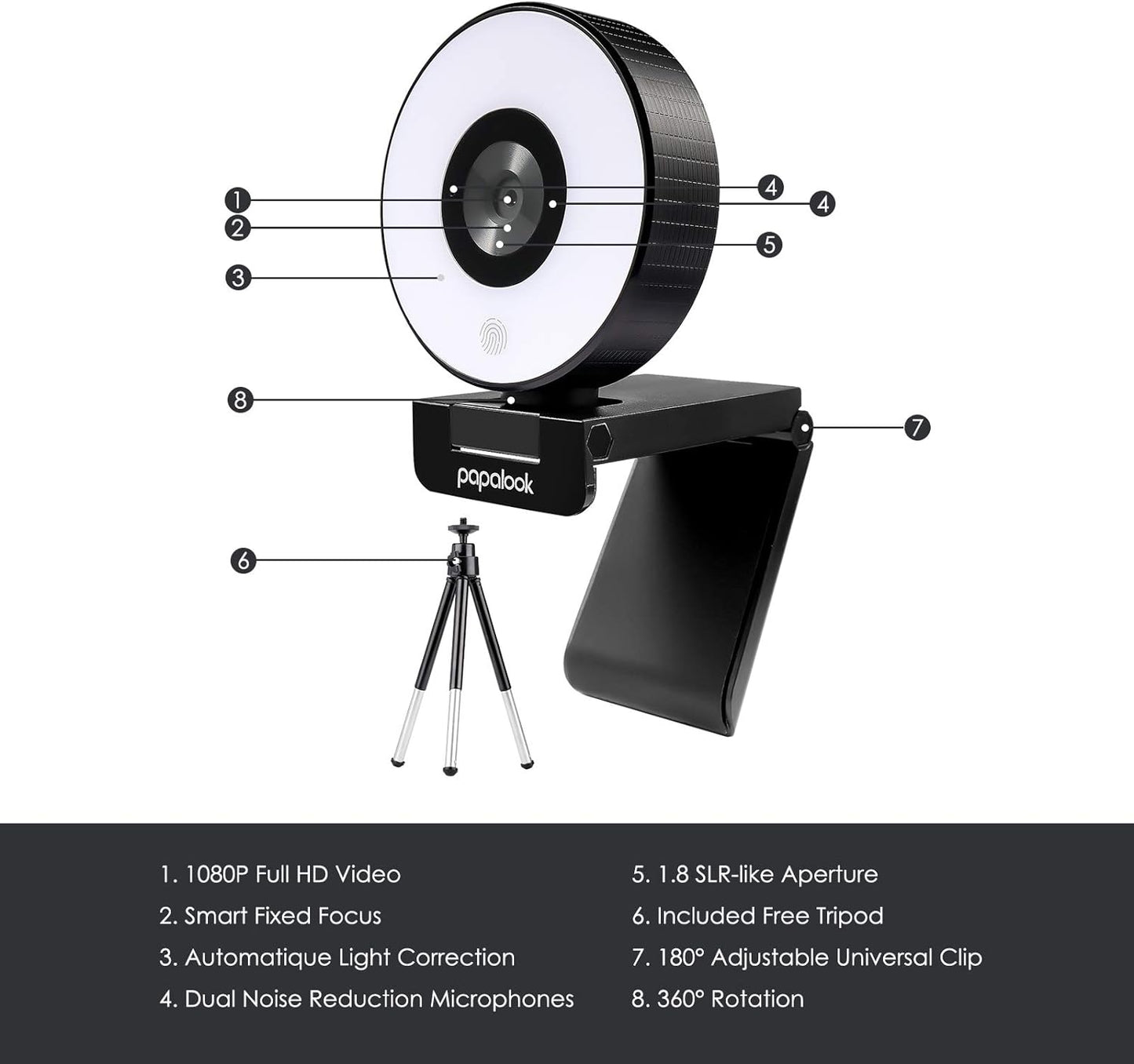 PAPALOOK PA552 Live Streaming Webcam with Ring Light