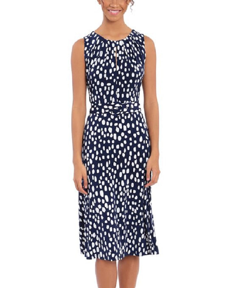 London Times Women's Pleated Neck Belted Dress Blue Size 6Petite