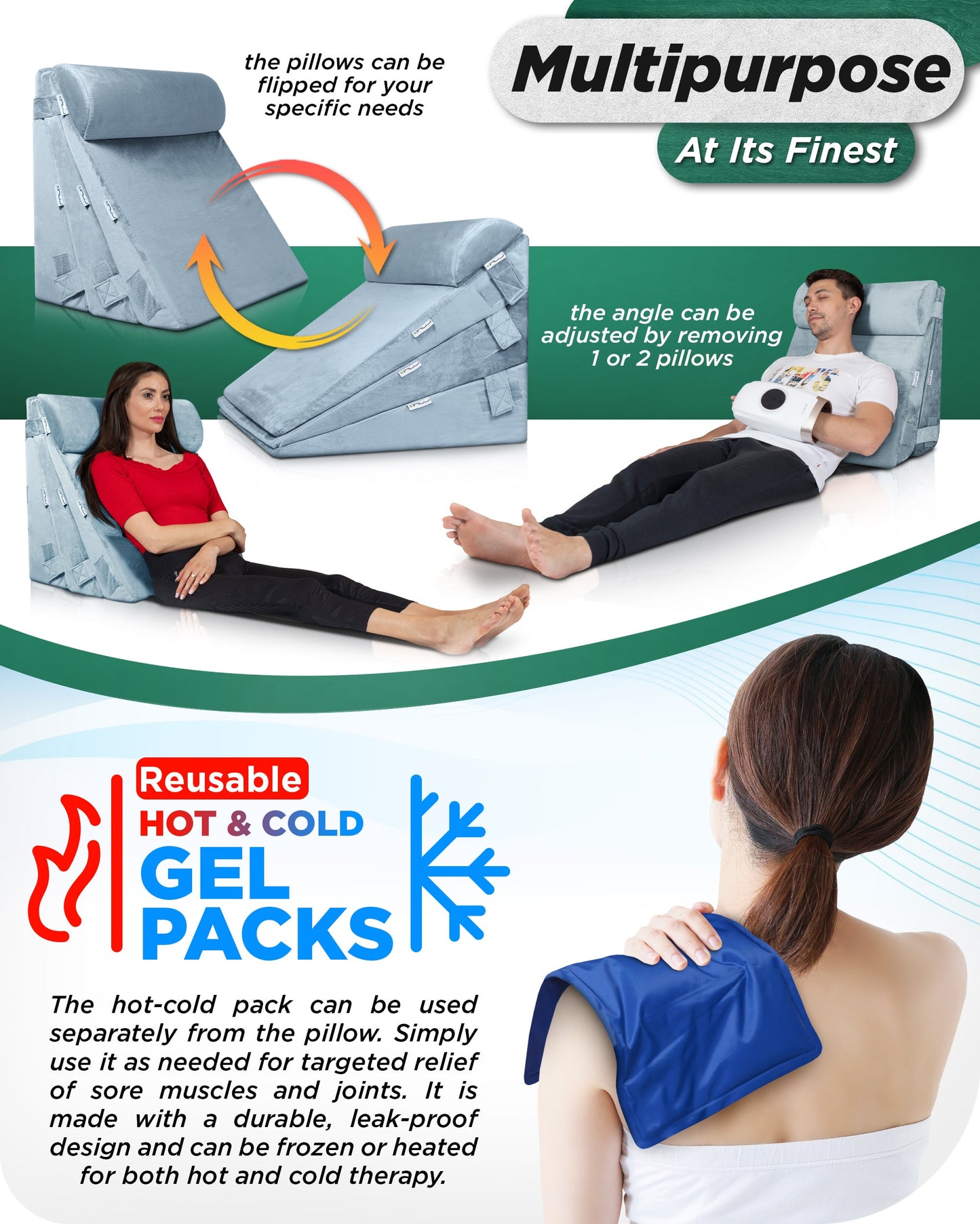 LX11 5pcs Orthopedic Bed Wedge Pillow System, with Hot Cold Pack Gray