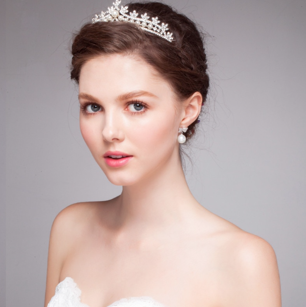 Annie - Silver Crystal and Pearl 3-Piece Bridal Jewelry Set With Half Tiara