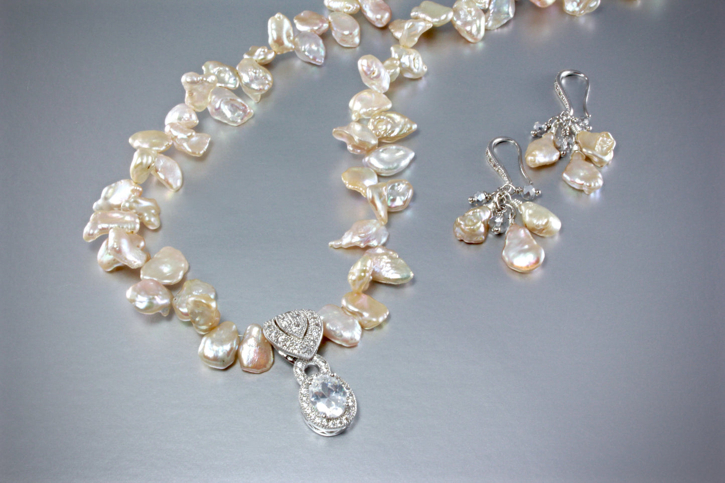 "Maura" - Keshi Pearls and Cubic Zirconia Bridal Necklace and Earrings Set