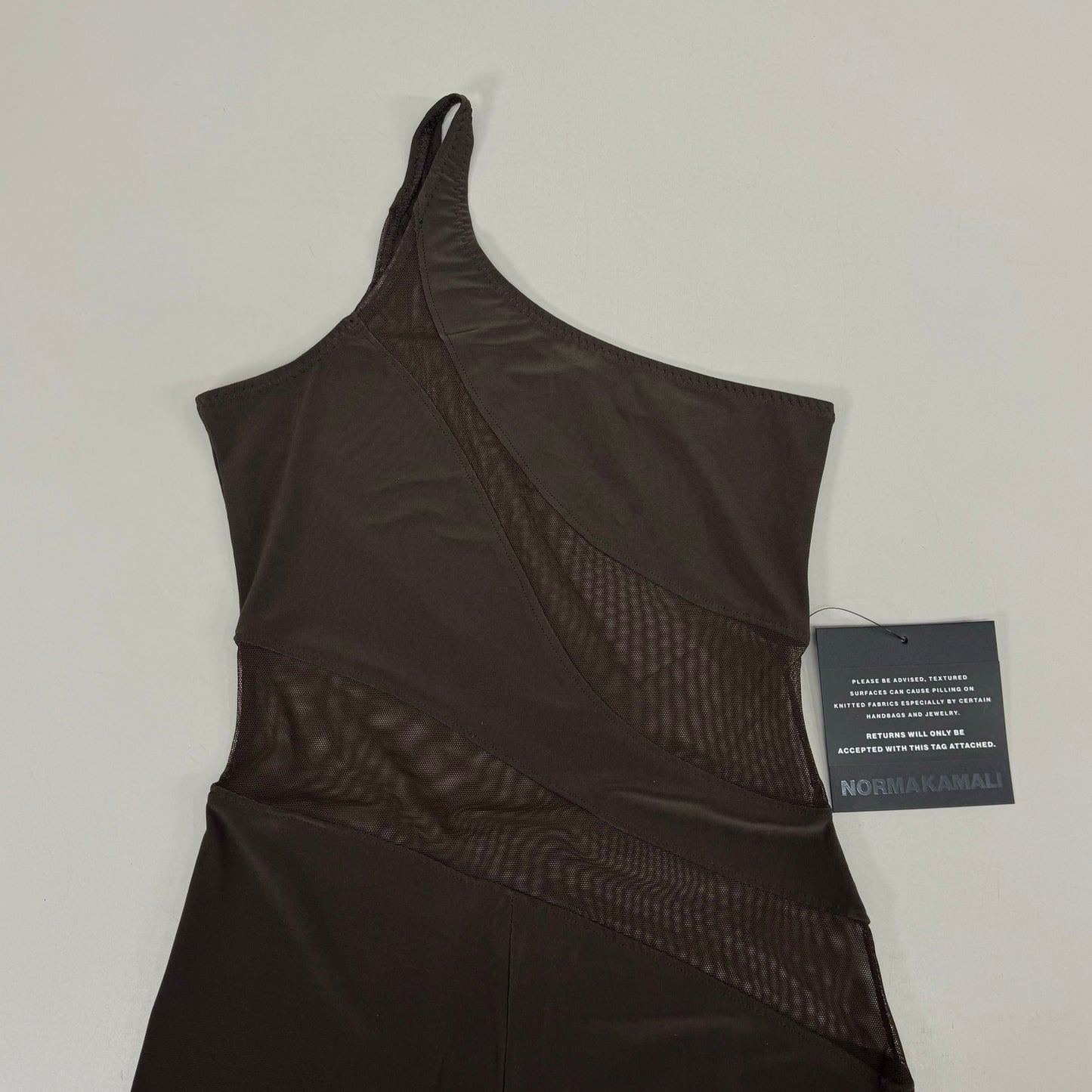 NORMA KAMALI One Shoulder Snake Mesh Catsuit Footsie Women's Sz XS/34 Chocolate