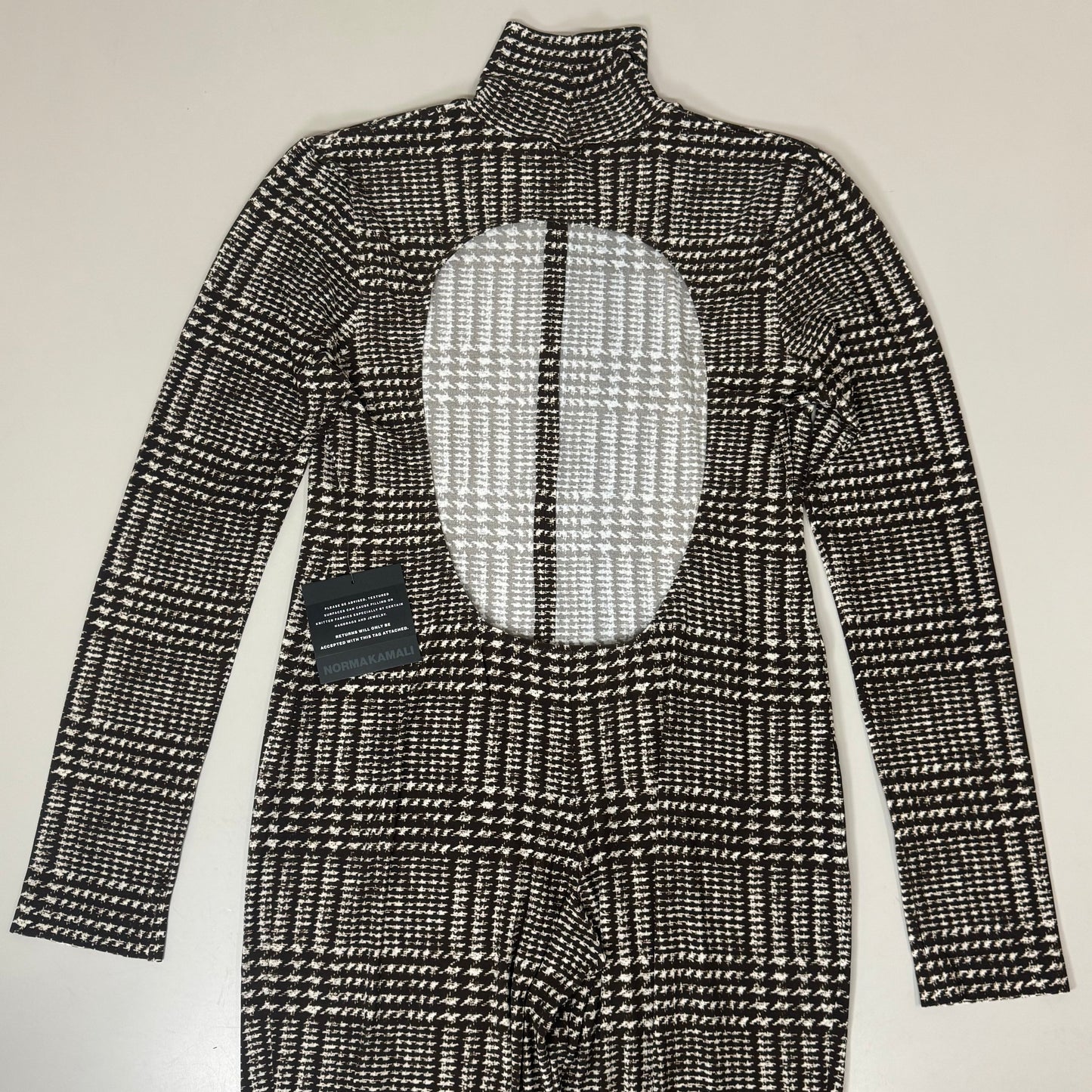 NORMA KAMALI Sleeve Open Back Catsuit Footsie Women's Sz XL/42 Chocolate Plaid