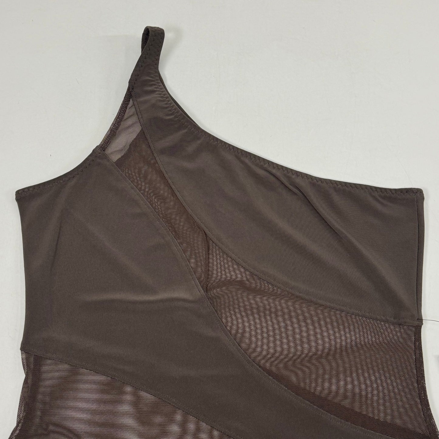 NORMA KAMALI One Shoulder Snake Mesh Catsuit Footsie Women's Sz M/38 Chocolate
