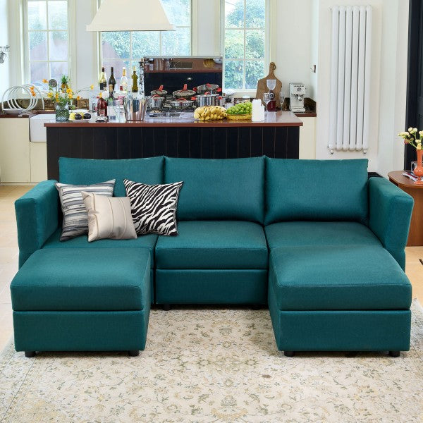 Ainfox U Shaped 3 Seats +2 Ottomans Modular Sectional Sofa Couch With Storage