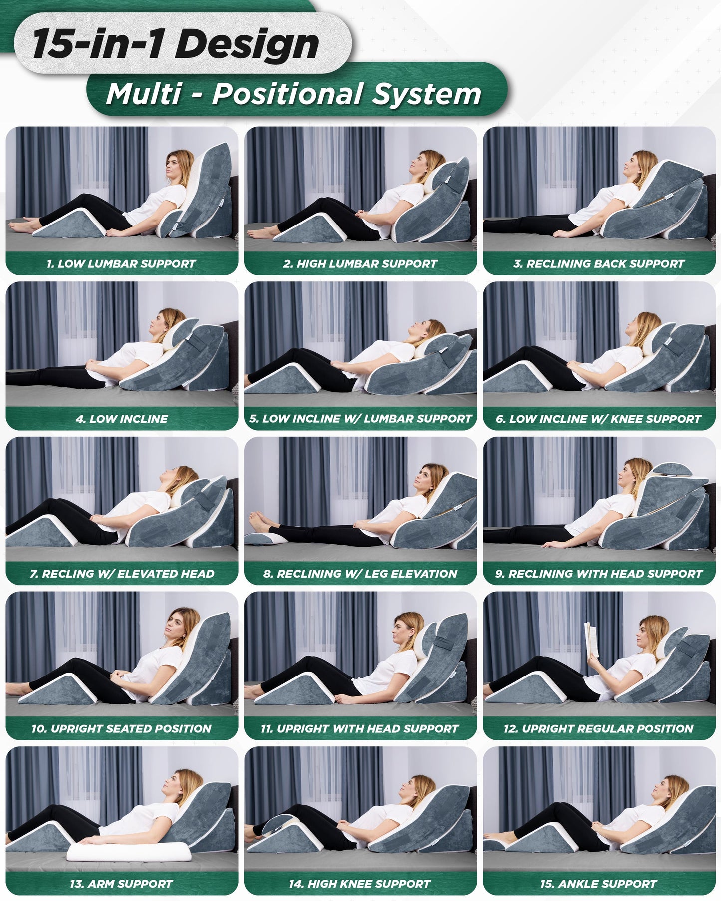LX5 4pcs Orthopedic Bed Wedge Pillow System, with Hot Cold Pack Navy