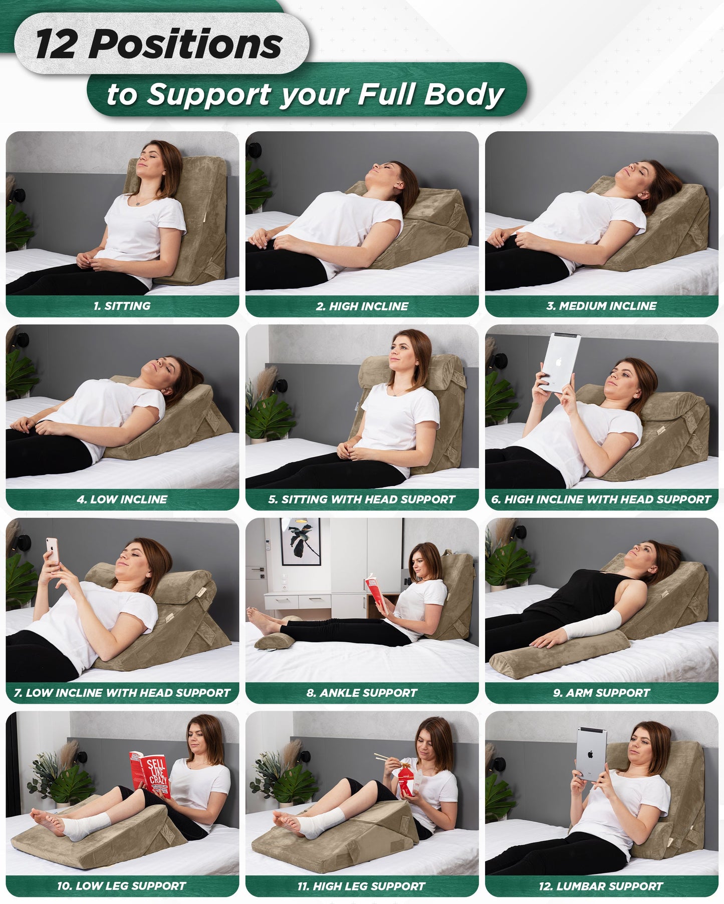 LX6 3pcs Orthopedic Bed Wedge Pillow System, with Hot Cold Pack Brown