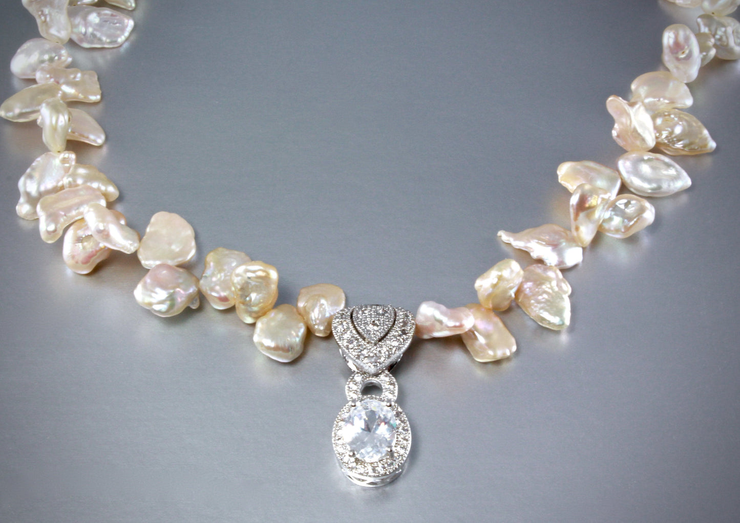 "Maura" - Keshi Pearls and Cubic Zirconia Bridal Necklace and Earrings Set