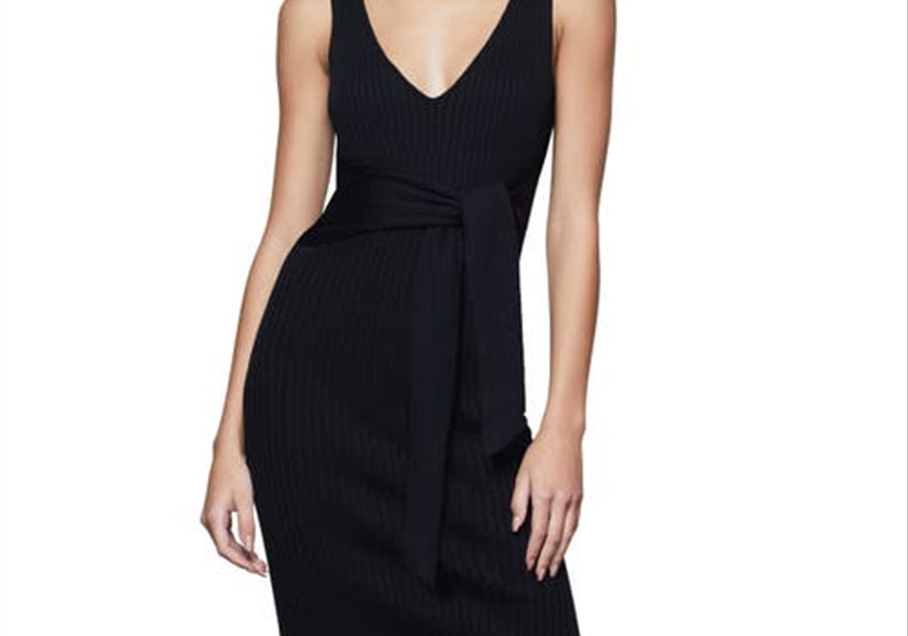 Good American Black Midi Dress, Rib Knit with Tie Waist, Size 001