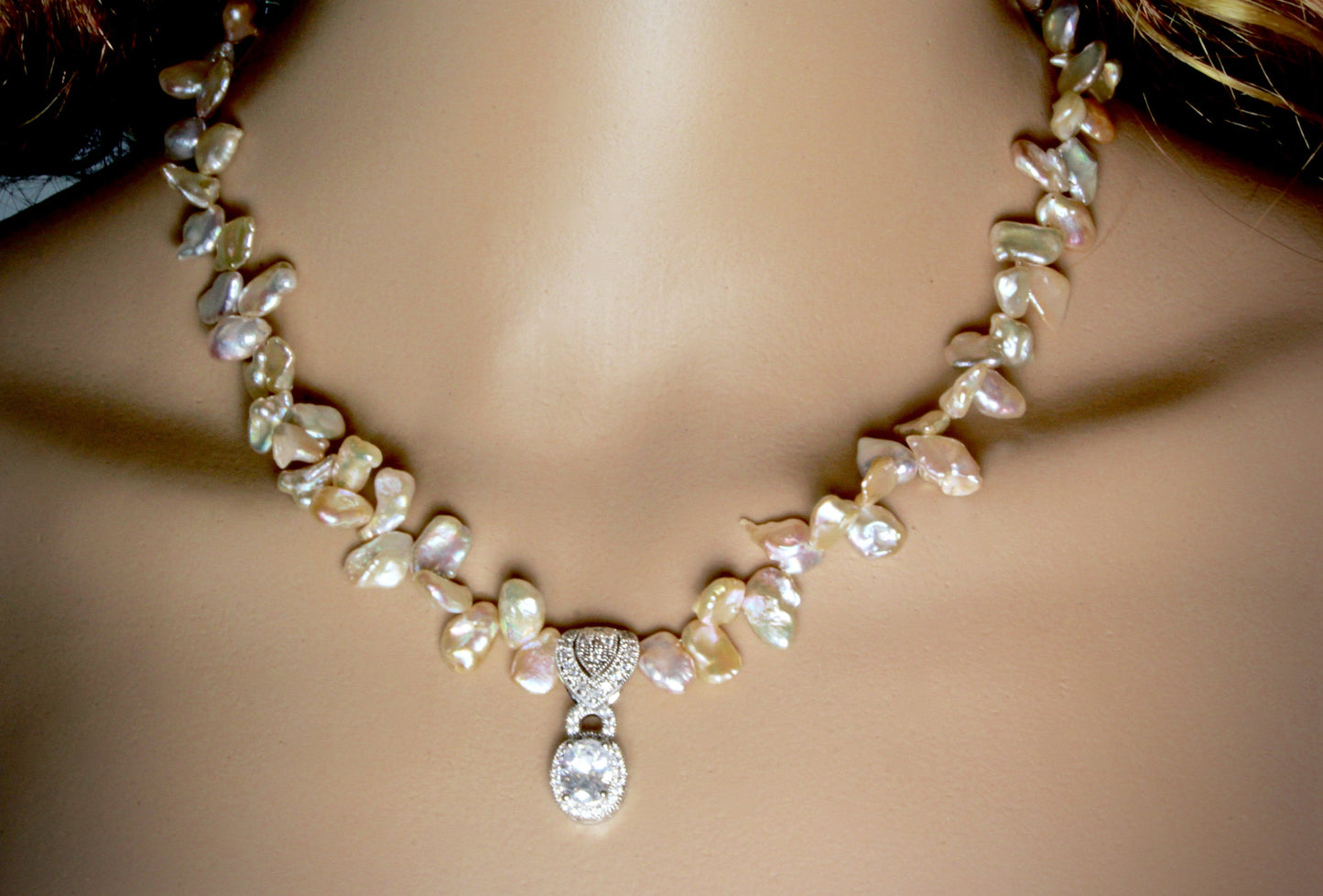 "Maura" - Keshi Pearls and Cubic Zirconia Bridal Necklace and Earrings Set