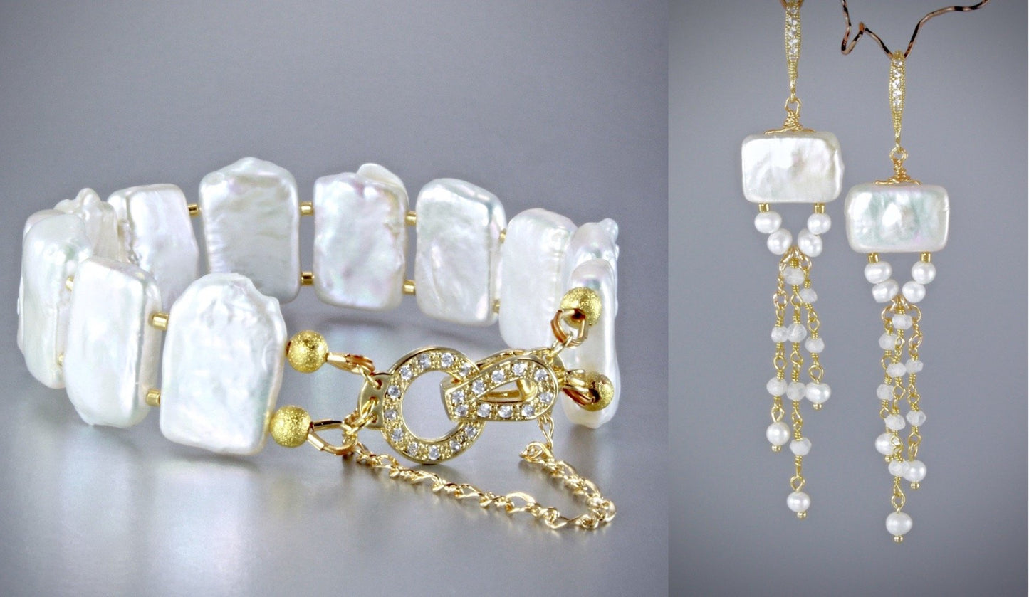 "Arianna" - Cultured Pearl Bridal Bracelet and Earrings Set