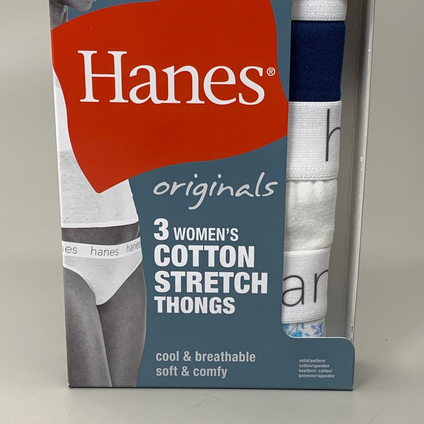 HANES 3 PACK!! Originals Women's Breathable Cotton Stretch Thongs Underwear Sz 9/2XL Navy/White/Floral 45U0BT