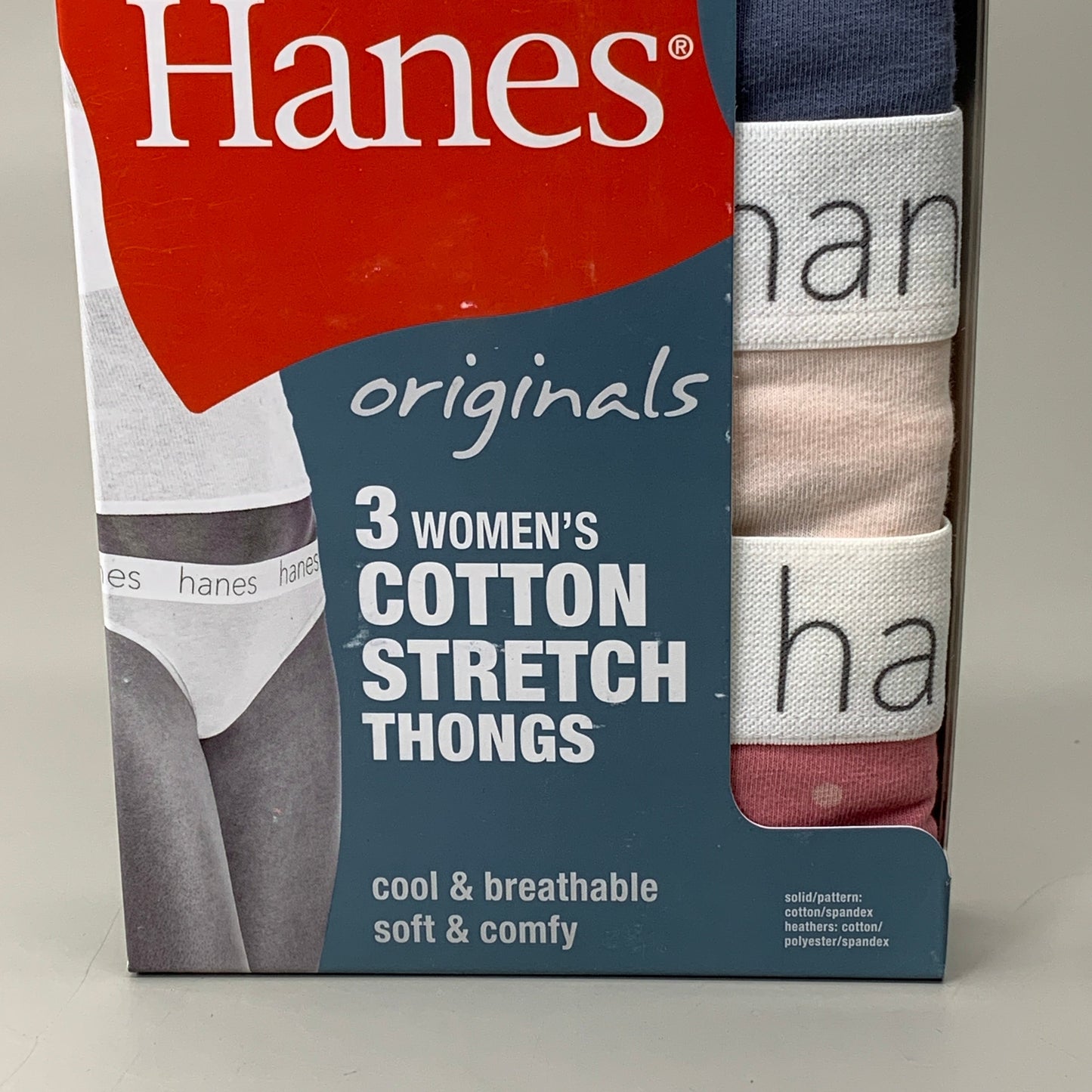 HANES 3 PACK!! Originals Women's Breathable Cotton Stretch Thongs Underwear Sz 9/2XLBlue/Buff/Pink 45OUBT