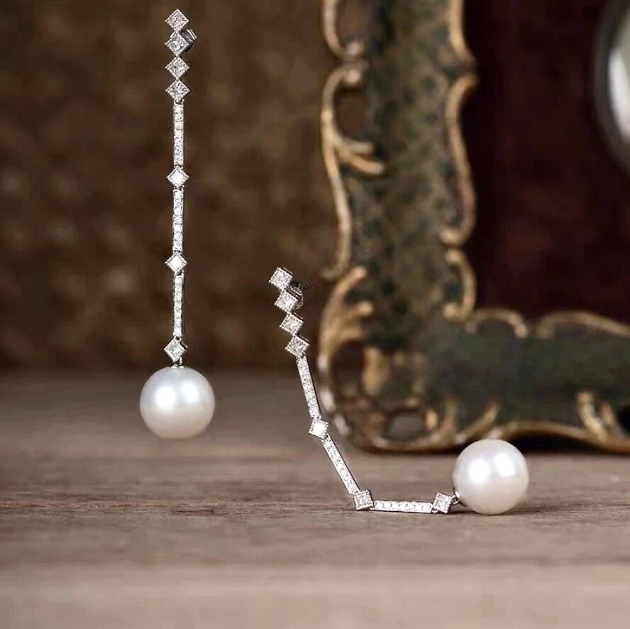 Irina - Art Deco Pearl and CZ Bridal Earrings