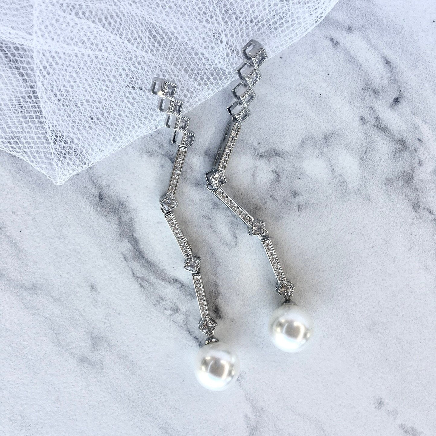 Irina - Art Deco Pearl and CZ Bridal Earrings